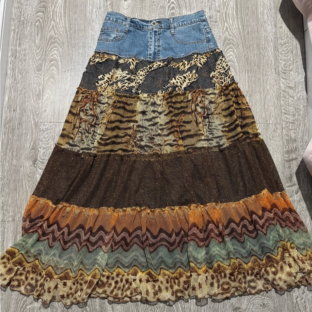 🍎🍎SOLD🍎🍎Milana Patchwork Denim & Animal Print Tiered Maxi Skirt Festival Y2K Siz